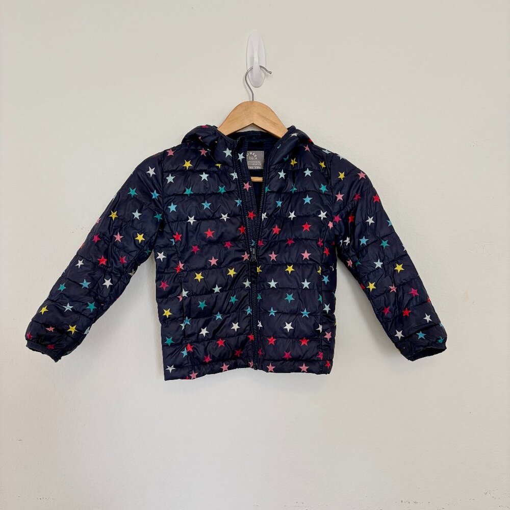 PRIMARY Girls Lightweight Puffer Jacket Navy Rainbow Confetti Stars